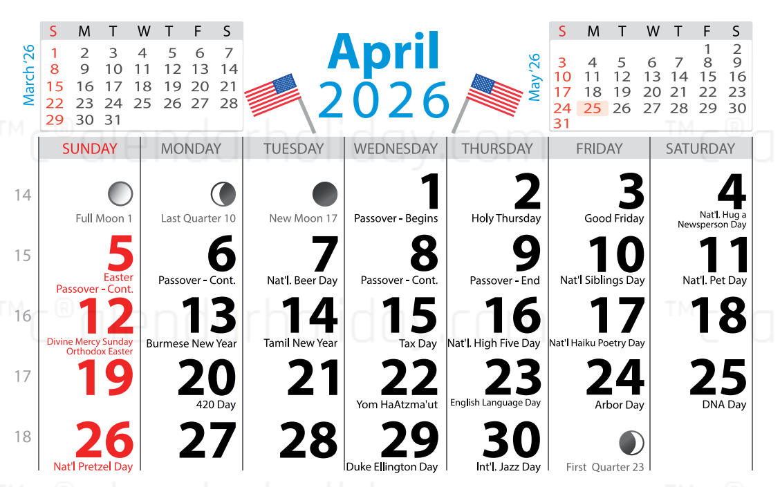 April 2026 Calendar With Holidays
