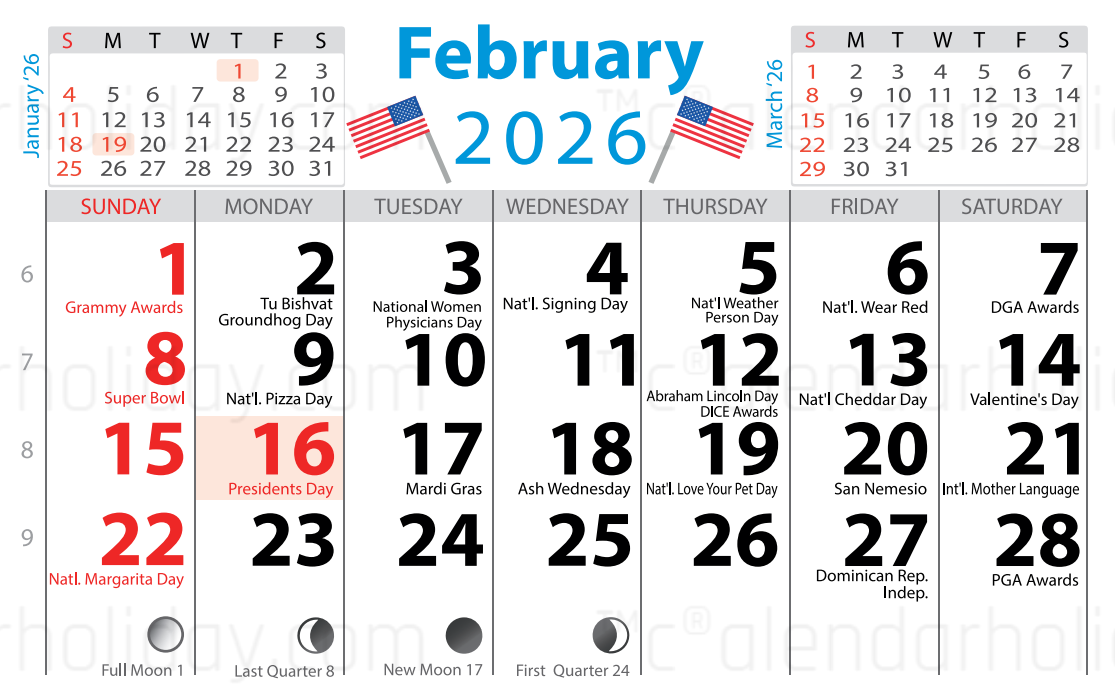 February 2026 Calendar With Holidays