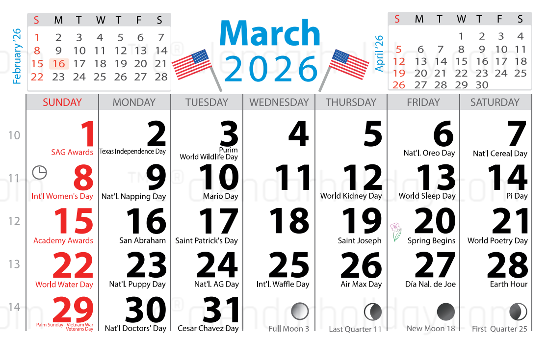 March 2026 Calendar With Holidays