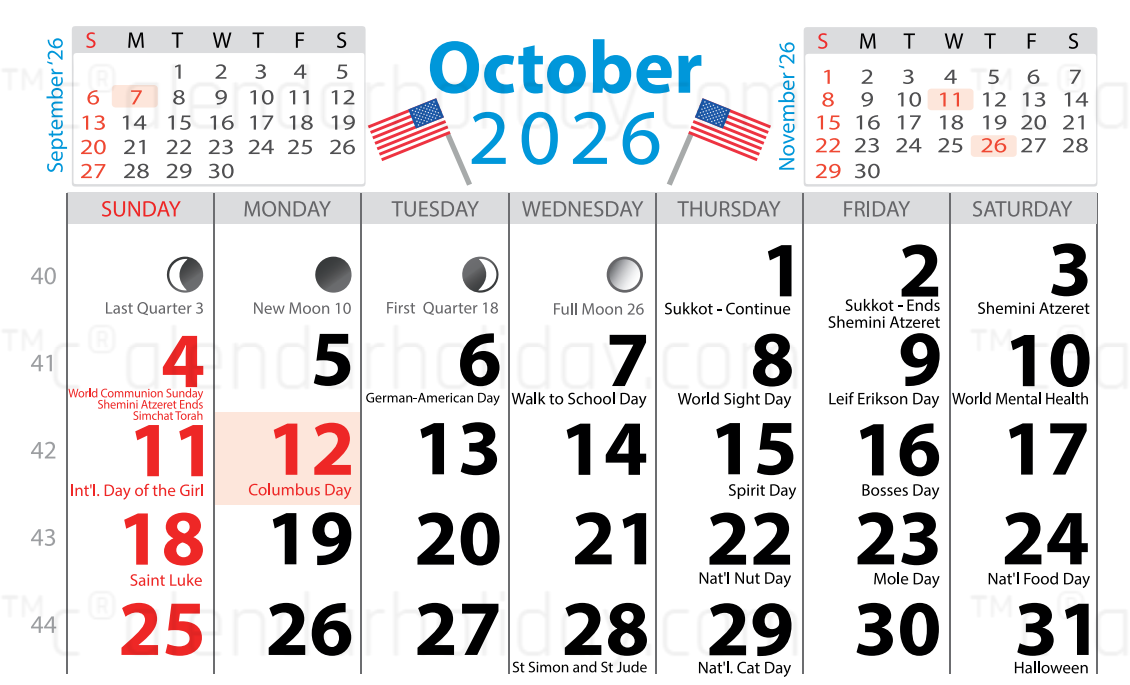 October 2026 Calendar With Holidays Free Printable October 2026 